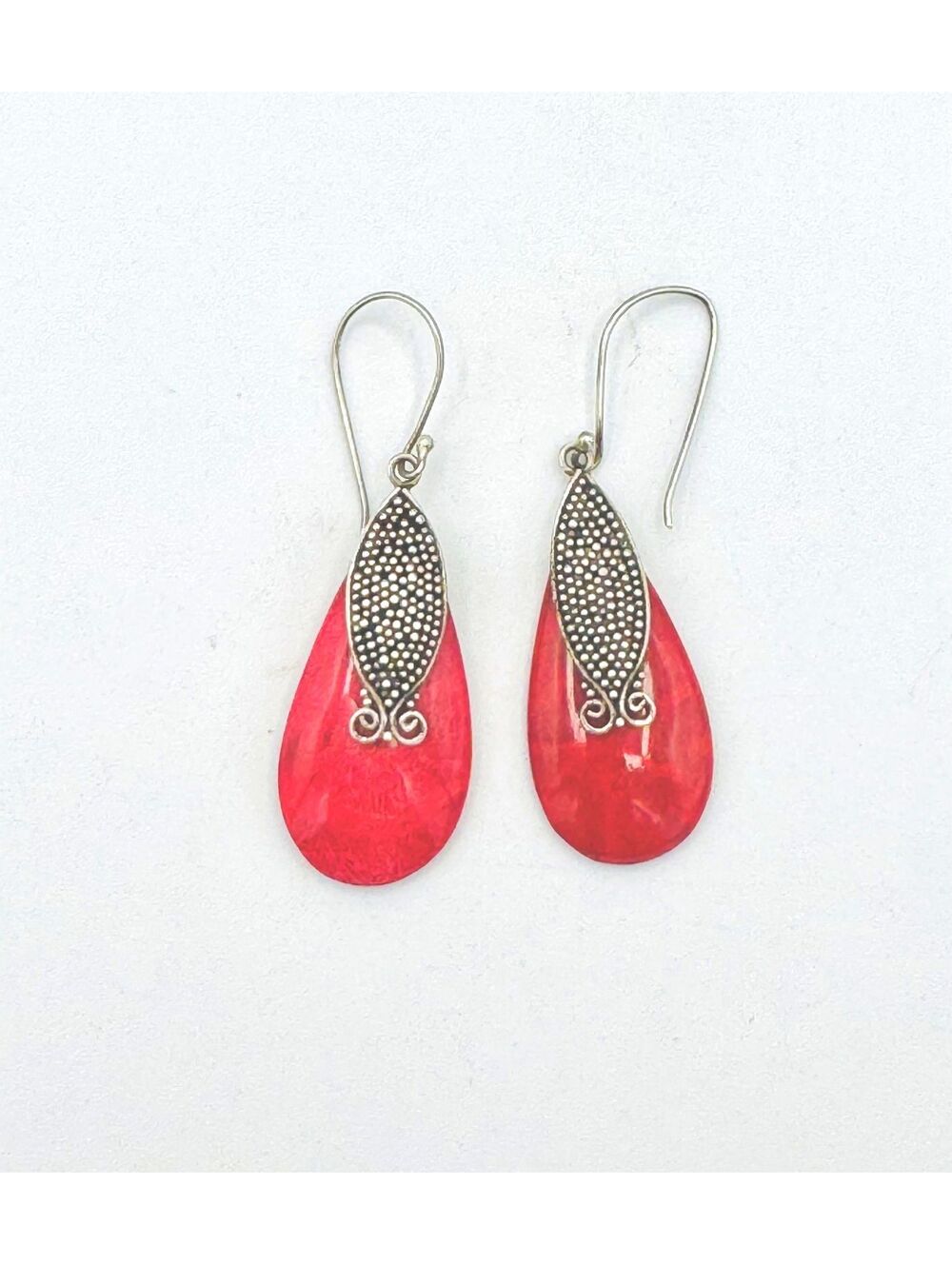Sterling silver marcasite sponge coral oval drop dangle earrings
